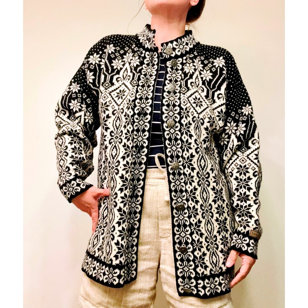 Dale of Norway Wool Cardigan Sweater M Black Cream Nordic Fair Isle Dale Casual